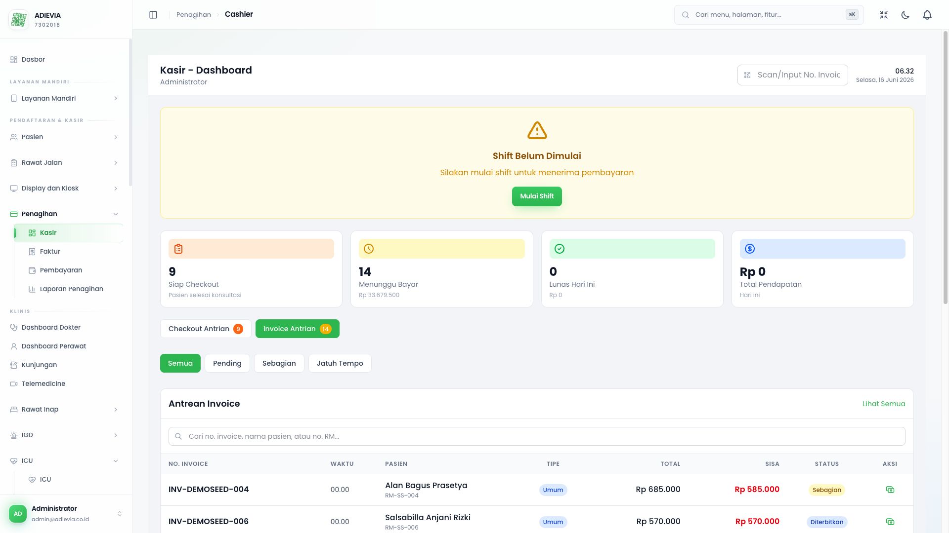 Adievia HMS (staff) screenshot — Cashier & billing