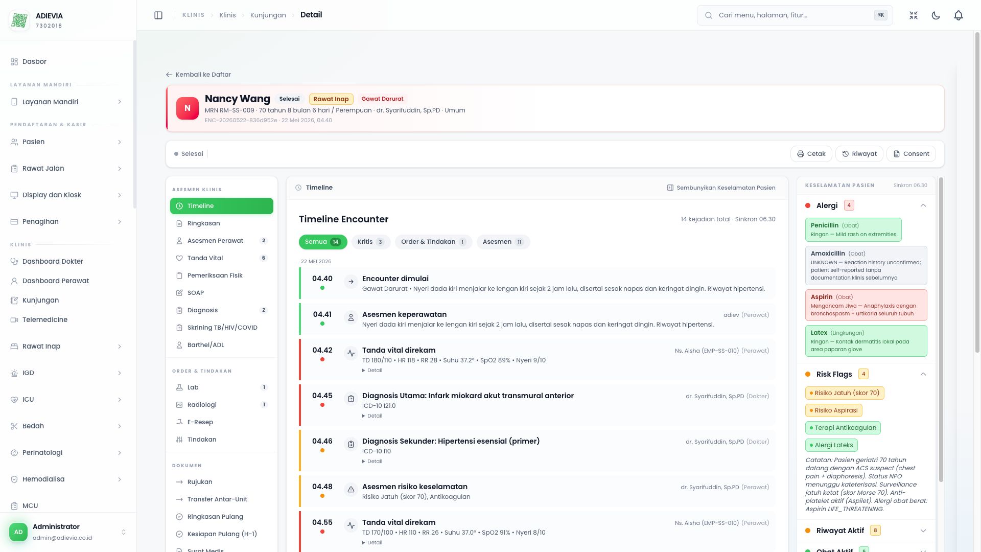 Adievia HMS (staff) screenshot — Clinical — patient record