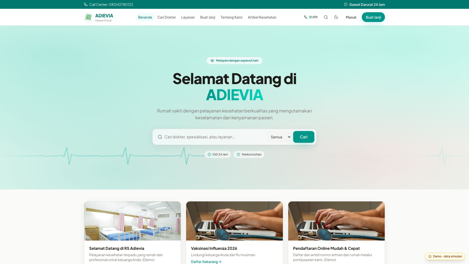 Adievia Patient Portal screenshot — Public hospital site
