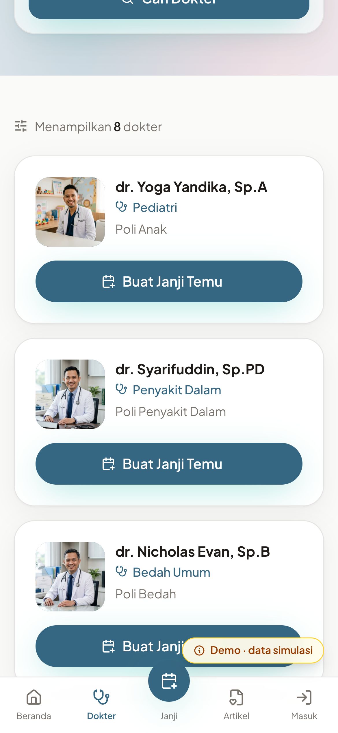 Tangkapan layar Portal Pasien Adievia di ponsel — Cari dokter & buat janji