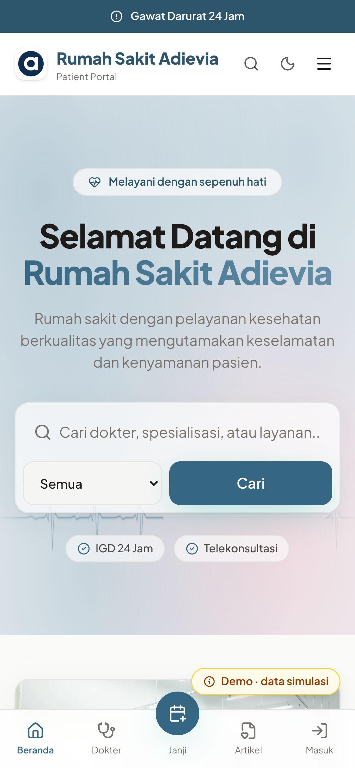 Tangkapan layar Portal Pasien Adievia di ponsel — Beranda portal pasien