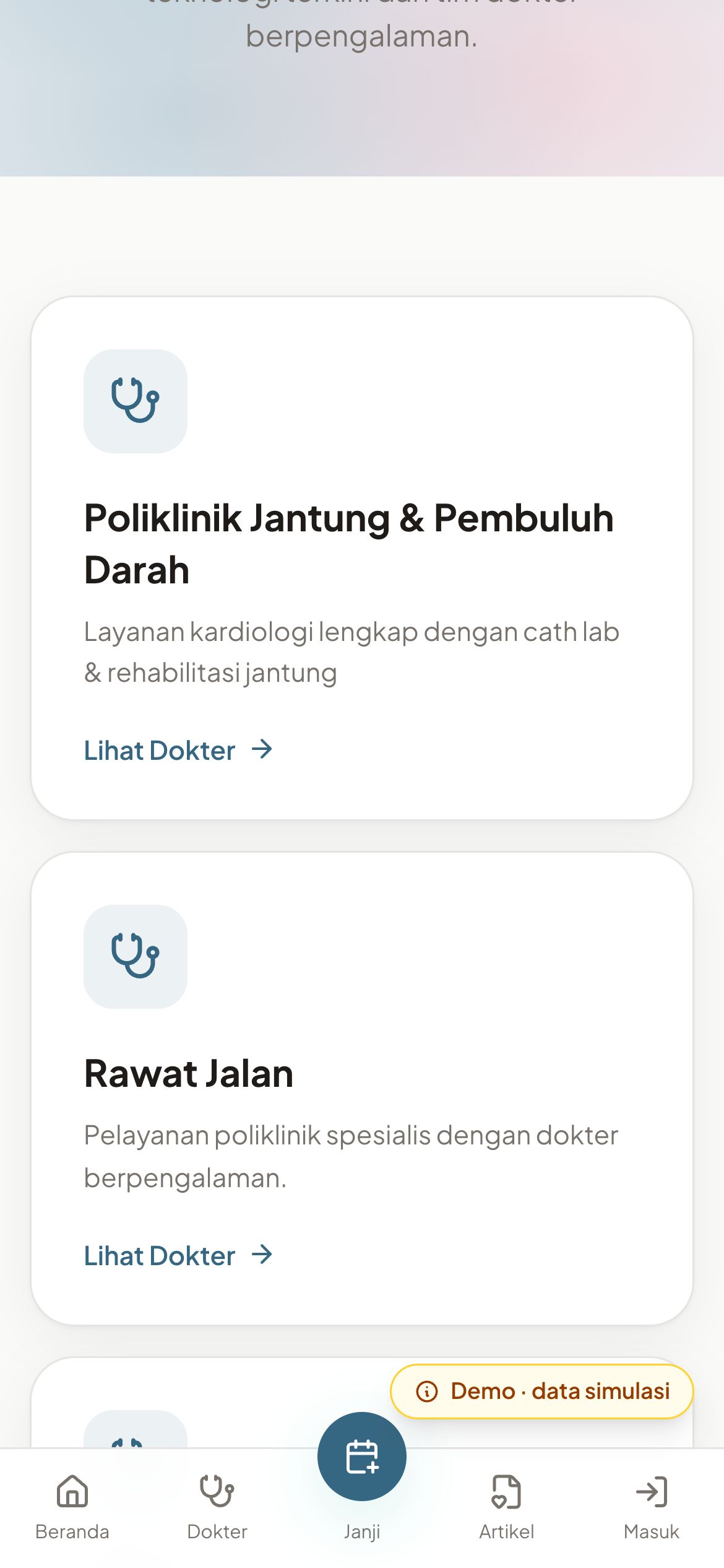 Tangkapan layar Portal Pasien Adievia di ponsel — Layanan & poliklinik