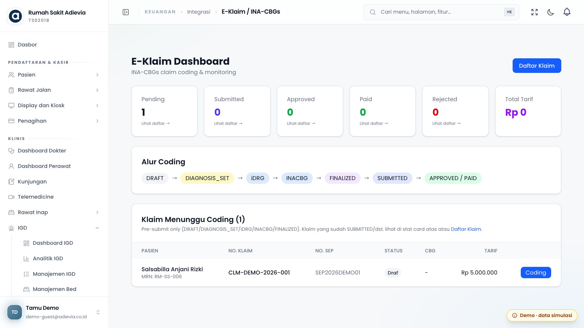 Tangkapan layar SIMRS Adievia (staf) — E-Klaim INA-CBG — alur coding klaim